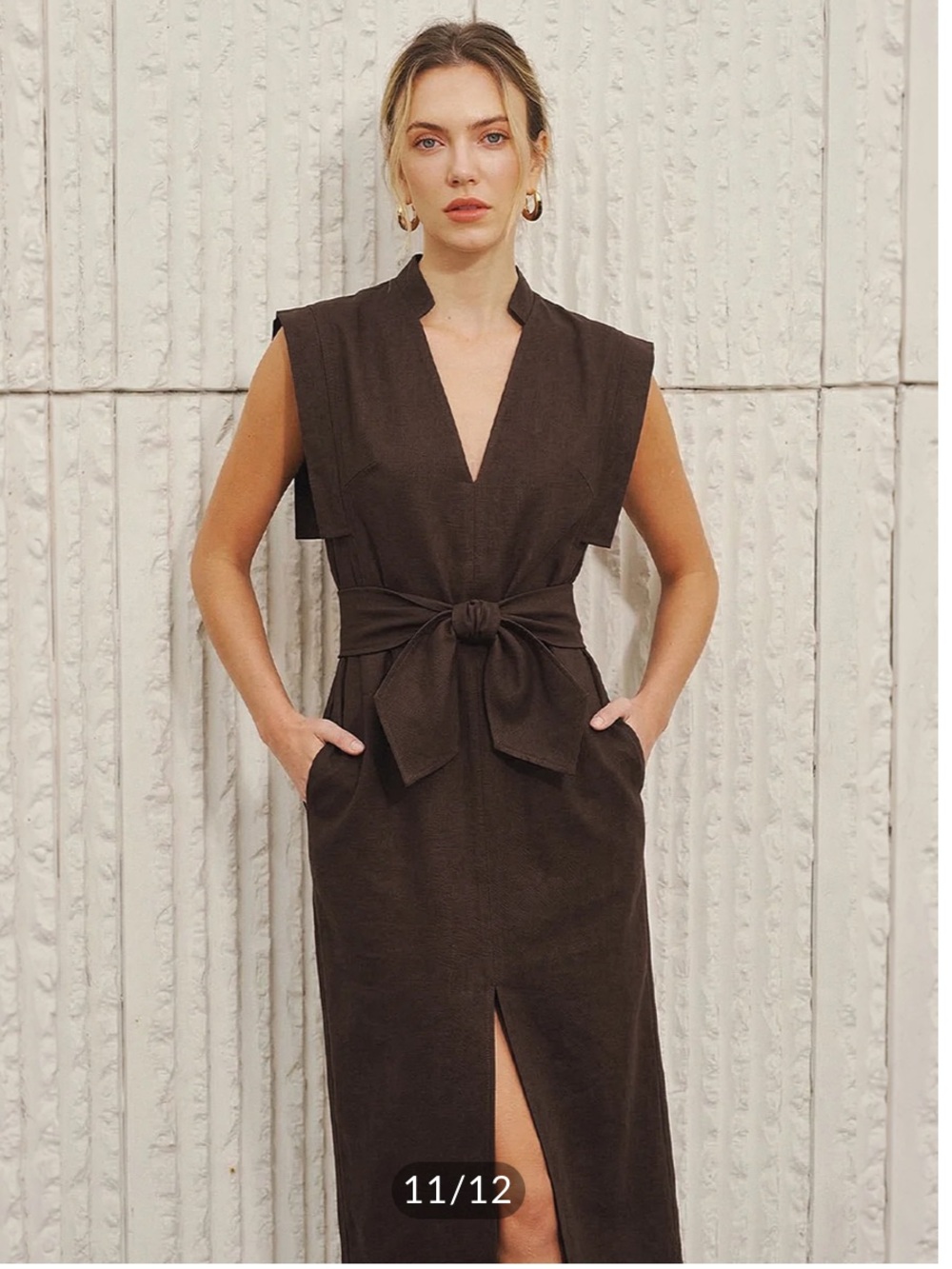 Commense Dark Brown Sleeveless V-Neck Bow Split Dress Size XS - Brown